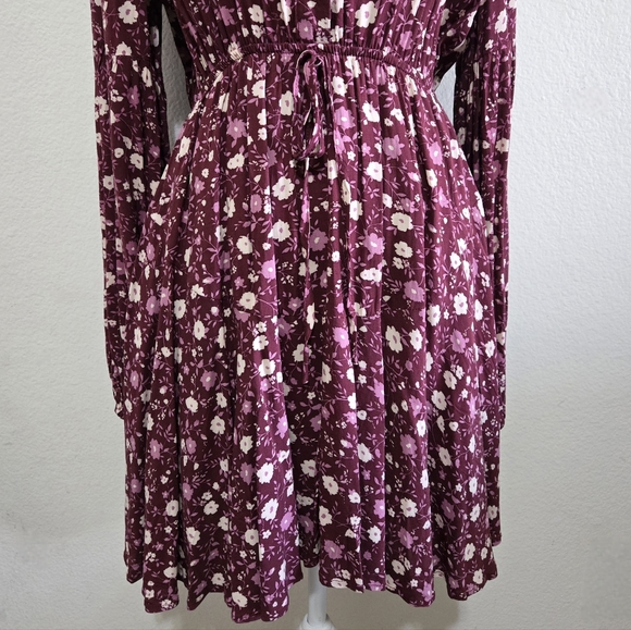 BLU PEPPER Floral Boho Mini Dress Long Balloon Sleeves Plum Purple Size Large - Picture 4 of 16